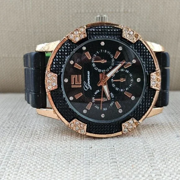 Geneva Fashion Wristwatch Quartz Analog Black Rubber Band Gold Tone Case Watch - Picture 2 of 11